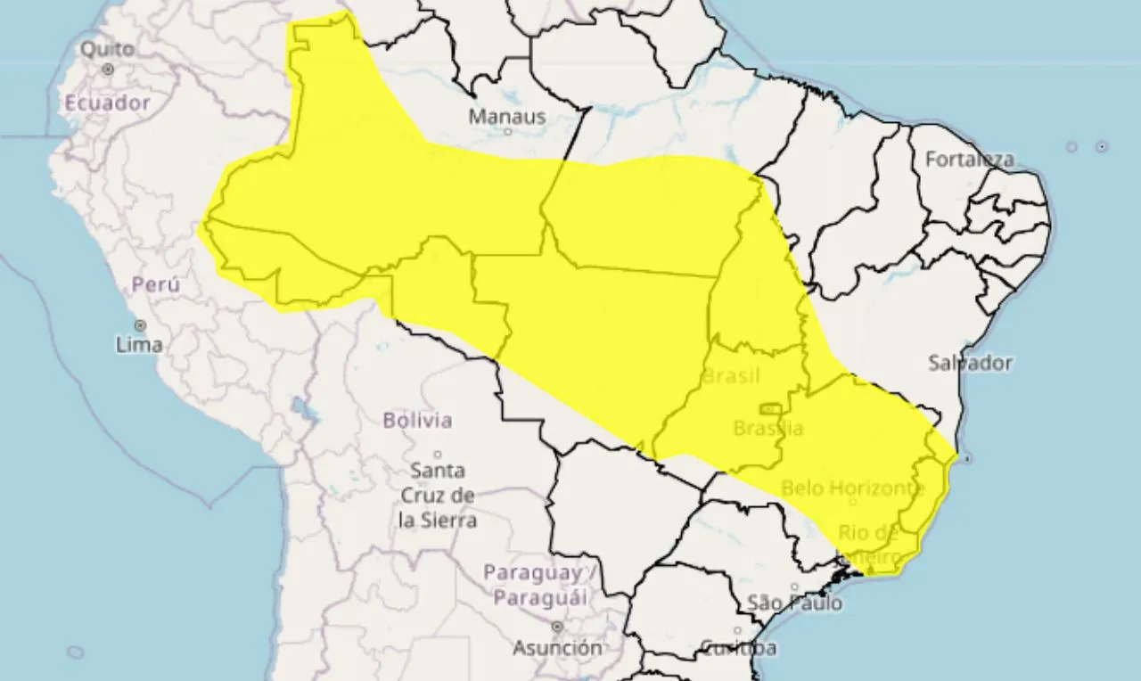 O mapa mostra às áreas em alerta para chuva intensa e ventos em grande parte do Brasil
